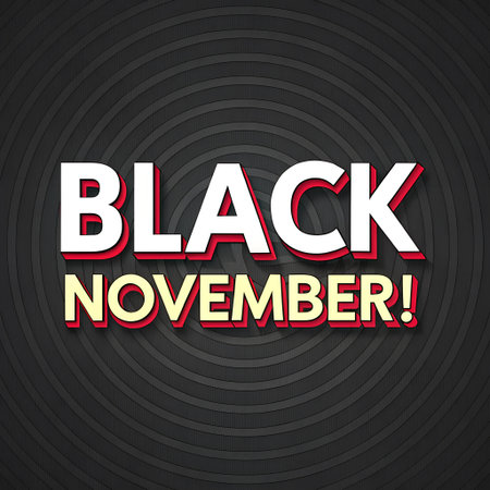 a bold black november announcement with white text and red outline, set against a dark gray background featuring concentric circle patternsの素材
