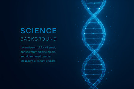 a polygonal flask with blue liquid and particles, set against a dark blue background, representing chemistry and scientific conceptsの素材