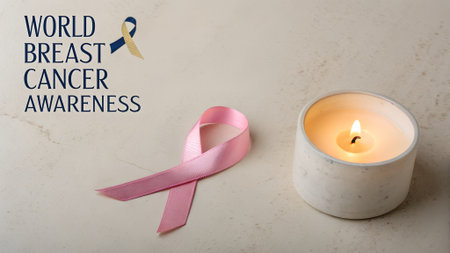 World Breast Cancer Awareness Month, pink ribbon and candle on white backgroundの素材