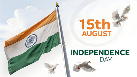 indian independence day celebration with flag, doves, and text. flag waving under sky. celebrating freedom and national pride. august 15thの素材
