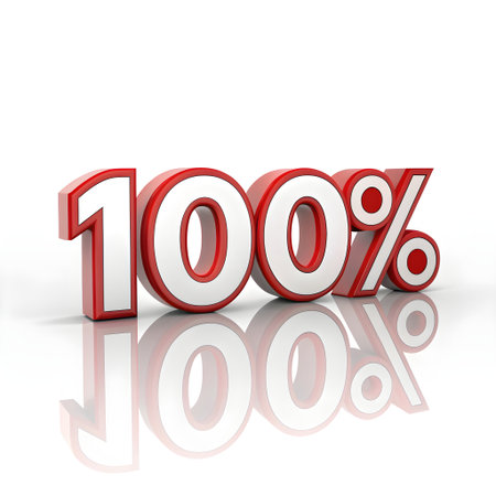 a striking image of a red and white glossy representation of one hundred percent, reflected on a smooth, shiny surface against a white backgroundの素材