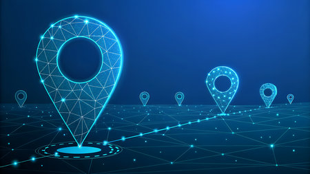 a glowing network of location pins connected by lines and dots, symbolizing digital navigation on a blue background, modern tech and connectivityの素材