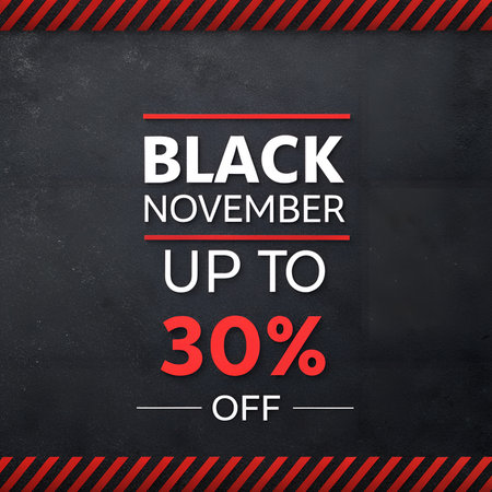black november sale with up to thirty percent off on a dark background with red and white text, perfect for seasonal marketing campaignsの素材