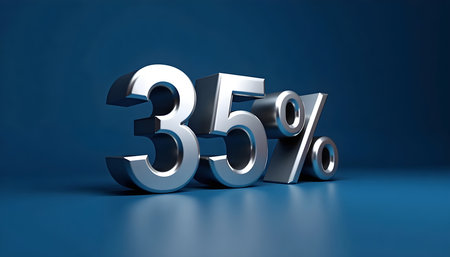 35 percent discount symbol in silver on blue. Great for marketing, sales, and promotional materials. Ideal for financial and business contexts.の素材