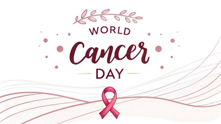 world cancer day graphic featuring a pink ribbon, decorative leaves, and elegant typography on a clean white background for awareness.の素材