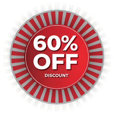 a striking red and gray badge announcing a sixty percent discount, ideal for promotional materials and marketing campaigns on a white backgroundの素材