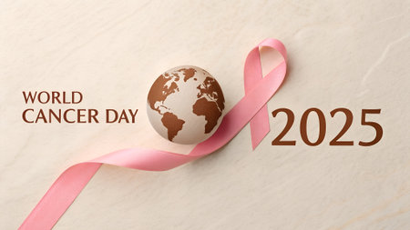 a world cancer day image featuring a globe, a pink ribbon, and the year twenty twenty five on a light colored background. It promotes awareness.の素材