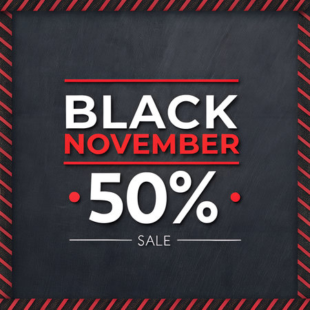 A black november sale poster with a fifty percent discount, set against a dark textured background with a red and black striped border.の素材