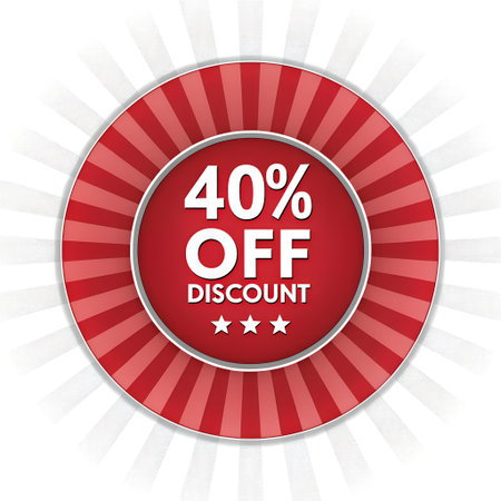 a red and white circular badge with a forty percent off discount and three stars. great for advertising sales and special offers online.の素材