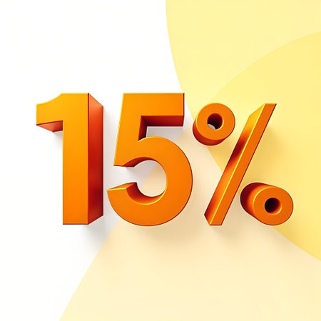 A bold orange fifteen percent symbol against a gradient backdrop, ideal for promotions and sales, signaling a significant discount offer.の素材