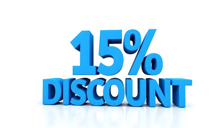 The image shows a blue 15% discount sign on a white background. The text has a glossy reflection effect. It is a promotional image.の素材