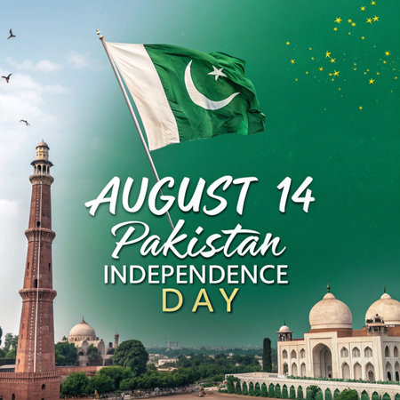 image showcasing pakistan independence day with the flag, tower, and buildings on august fourteenth, set against a vibrant green backdropの素材