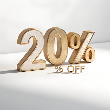 a twenty percent off promotion is shown with gold and white numbers on a white background in bright light, perfect for marketing campaignsの素材