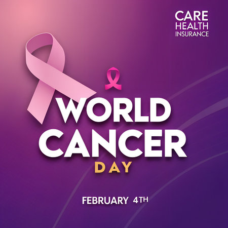 a purple world cancer day poster with a pink ribbon and care health insurance logo, promoting awareness and support for cancer preventionの素材