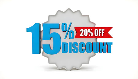 A fifteen percent discount is displayed with a twenty percent off banner, set against a white background for promotional marketing use.の素材