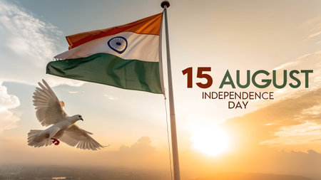 Independence day of India background with flying seagull and flagの素材