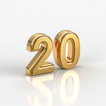 3d shiny gold number 20 isolated on white background with clipping pathの素材