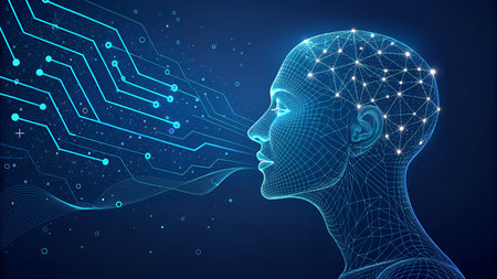 Concept or conceptual 3D wireframe human or woman face or head on blue background with electronic circuit or dot connectionの素材