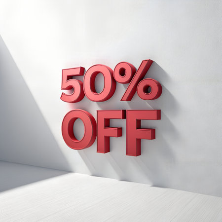 50% OFF Sale 3d Red text on white wall with shadowの素材