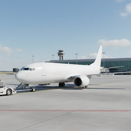 Airplane on the runway of the airport with the control tower in the backgroundの素材