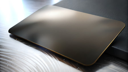 Sleek Metallic Business Card Mockup on a Textured Surface. A close up of a sleek metal card with golden edges resting on a textured surface and dark background, Business card Mockup Idea.の素材