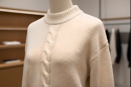 Close-up of a White Cable-Knit Sweater on a Mannequin, Sweater Mockup.の素材