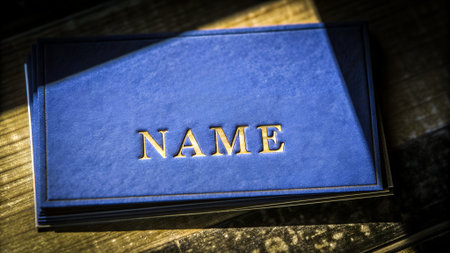 Blue Leather Nameplate Mockup with Gold Text.の素材