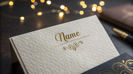 Elegant Gold Foil Name Card on Textured Paper, Close up of a name card with gold lettering and decorative swirls on a dark surface with lights. Mockup Idea.の素材