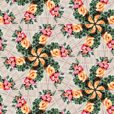 Seamless pattern with roses and green leaves on a fabric backgroundの写真素材