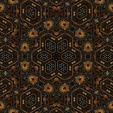 Kaleidoscopic ornamental floral seamless pattern in brown and blackの写真素材