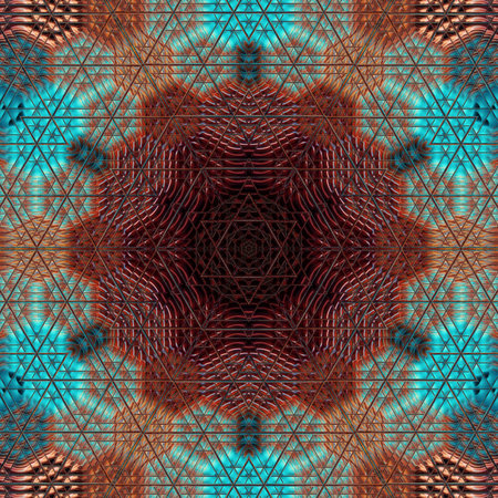 Seamless pattern with symmetrical kaleidoscopic ornament. Blue and brown palette.
