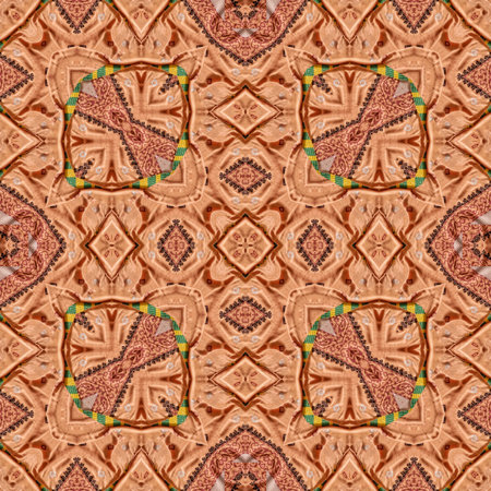 Seamless kaleidoscope pattern with symmetrical design and color variations.