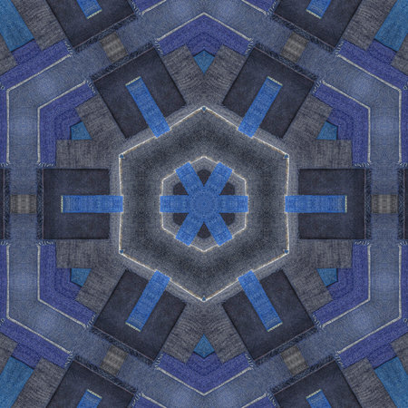 Blue jeans background with kaleidoscope pattern. Seamless texture.