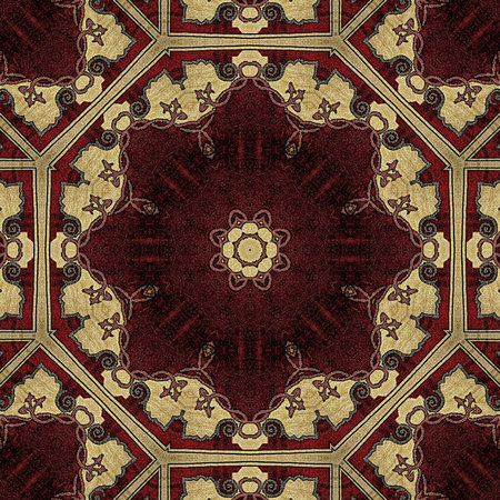 Kaleidoscopic ornamental seamless texture or background, red and goldの写真素材