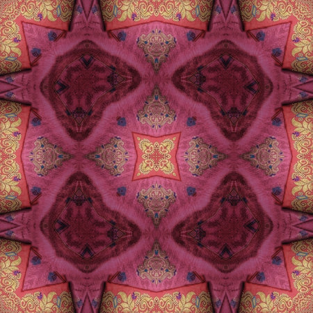 Kaleidoscopic ornamental floral pattern in red and pink colors