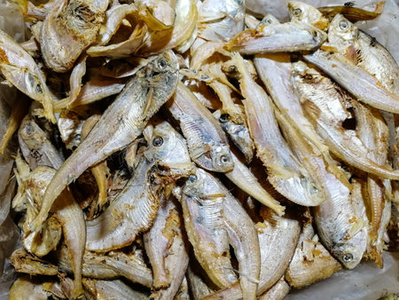 Dried fish in the market, close-up. Food background