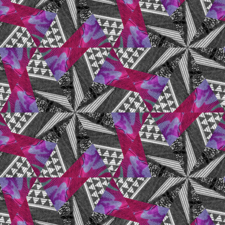 Elegant mixed print fabric featuring intricate patterns, rich textures, vibrant detailing that blend...