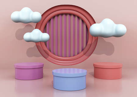 colorful dimensional podium with cloudsの写真素材