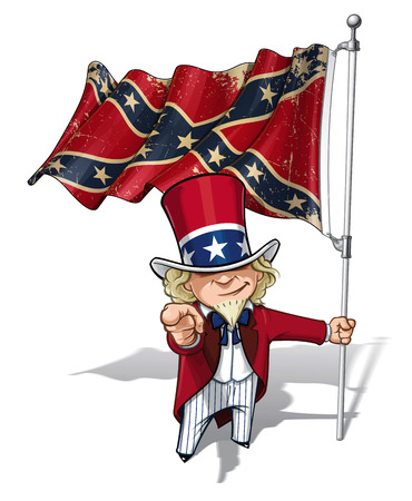 Vector Cartoon Illustration of South Uncle Sam holding a waving a American civil war South Flag (Stars and Bars), pointing "I want you". Flag's texture and sepia color can be removed by turning the respective layers off.のイラスト素材