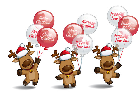 Set of three poses-themes of a cartoon illustration of a Christmas elk holding a bunch of balloons writing âMerry Christmasâ and âHappy New Yearâ. Each pose on separate layer.のイラスト素材