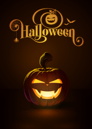 illustration of a Vimpire 
jack-o-lantern glowing in the dark. Included a custom typography Halloween based on the old Bodoni typeface. All elements neatly on layers and groupsのイラスト素材