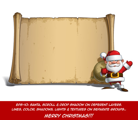 Vector Cartoon illustration of a happy smiling Santa Claus Celebrating Christmas, carrying the presents in front of a blank aged scroll. All elements neatly on well-defined Layers and groupsのイラスト素材