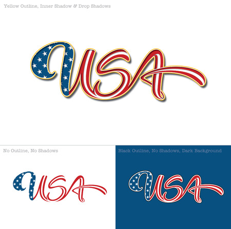 Vector illustration of a Custom-made Lettering of the word USA in three versions.  The lettering follows the flow of a waving American flag. All elements neatly on well-defined layers & groupsのイラスト素材