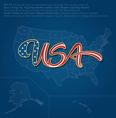 Vector illustration of a custom-made Lettering of the word %u201CUSA%u201D over the United States map. The design follows the flow of a waving American flag. All elements neatly on well-defined layers & groupsのイラスト素材