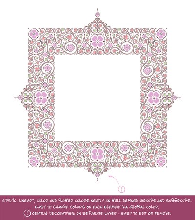 Flower Decorative Ornamental square frame. EPS-10 all elements neatly on well-defined layers and groups. Easy to edit colors via Global Color.のイラスト素材