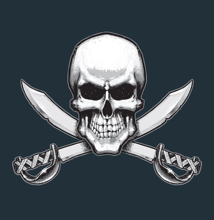 Vector illustration of the pirate flag sign, skull and crossed swords. Skull, swords, drop shadow and background neatly on separate well defined layers and groups.のイラスト素材