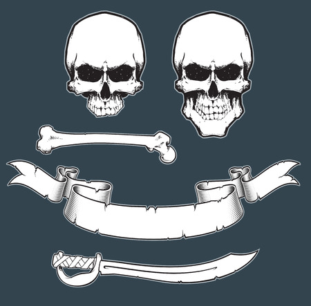Vector Elements for pirate sign. Skull, Jawless Skall, Bone, Scroll and Sword on separate well defined layers and groups.のイラスト素材
