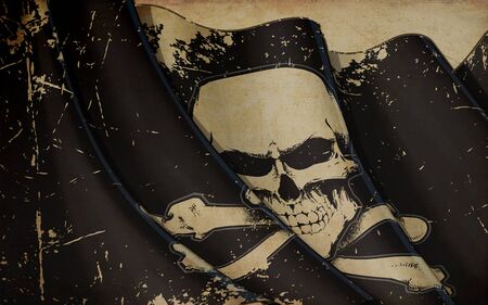 Illustration of a scratched, rusty, grunge, aged, waving pirate flag, skull and crossbones.の写真素材