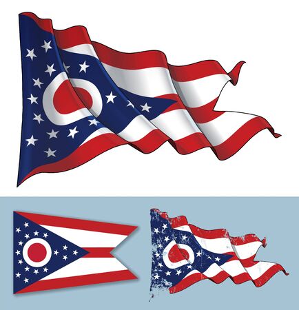 Vector illustration of a Waving Flag of the State of Ohio. A textured version and the Flat Flag design are included. All elements neatly on well-defined layers ang groups.のイラスト素材