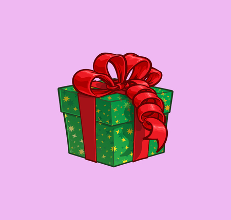 Cartoon Illustration of a Green Present Box with Red Ribbon Bow. Vector Icon: Lines, Color, Shadows and Lights neatly in well-defined layers & groupsのイラスト素材